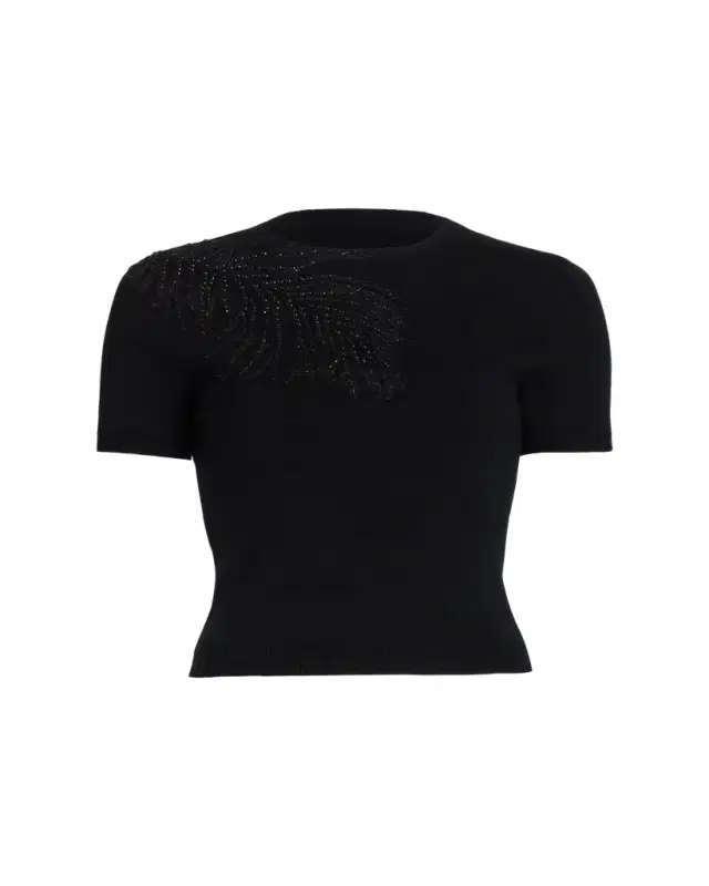 Embroidered Feather Short-Sleeve Sweater