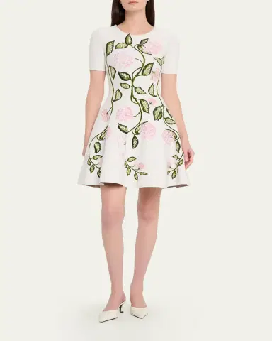 Oscar de la Renta Short-Sleeve Porcelain Flower Knit Mini Dress | Thumbnail 2