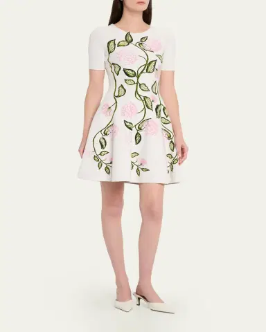 Oscar de la Renta Short-Sleeve Porcelain Flower Knit Mini Dress | Thumbnail 4