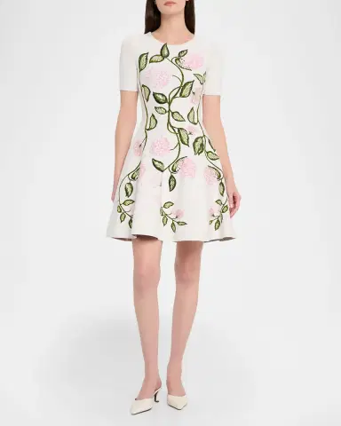 Oscar de la Renta Short-Sleeve Porcelain Flower Knit Mini Dress | Thumbnail 6