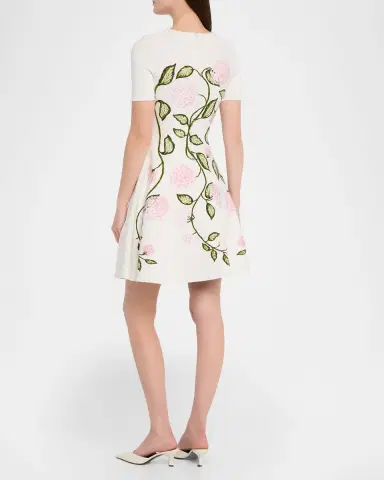 Oscar de la Renta Short-Sleeve Porcelain Flower Knit Mini Dress | Thumbnail 7