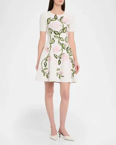 Oscar de la Renta Short-Sleeve Porcelain Flower Knit Mini Dress | Thumbnail 8
