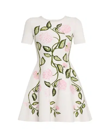Oscar de la Renta Short-Sleeve Porcelain Flower Knit Mini Dress | Thumbnail 1