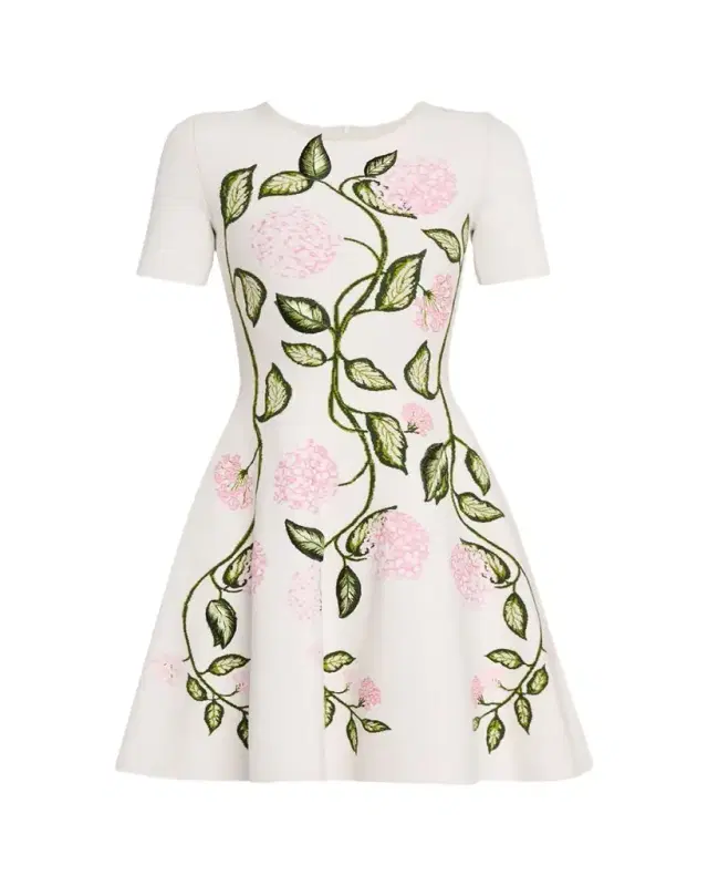 Short-Sleeve Porcelain Flower Knit Mini Dress