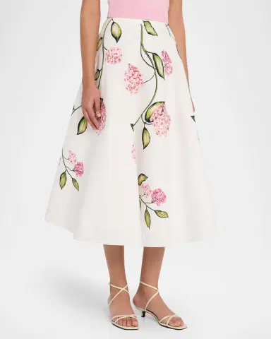 Oscar de la Renta Porcelain Flower Cotton Poplin Midi Skirt | Thumbnail 3