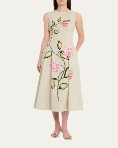 Oscar de la Renta Sleeveless Porcelain Flowers-Print Midi Day Dress | Thumbnail 4 Oscar de la Renta Sleeveless Porcelain Flowers-Print Midi Day Dress | Thumbnail 4