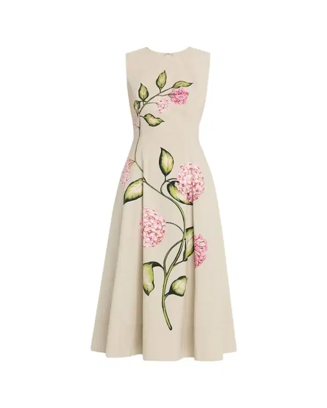 Sleeveless Porcelain Flowers-Print Midi Day Dress