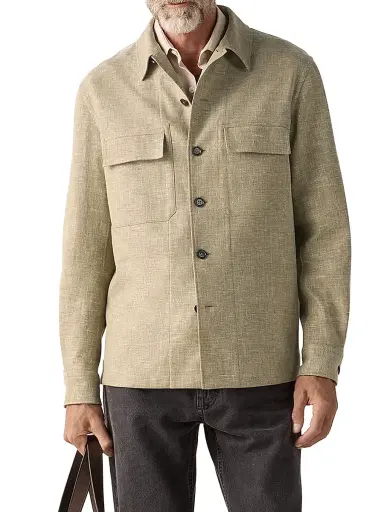 ZEGNA Men's Crossover Linen Wool and Silk Blend Overshirt - Olive Green | Thumbnail 2
