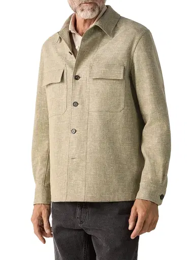 ZEGNA Men's Crossover Linen Wool and Silk Blend Overshirt - Olive Green | Thumbnail 3