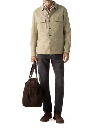 ZEGNA Men's Crossover Linen Wool and Silk Blend Overshirt - Olive Green | Thumbnail 7