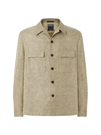 ZEGNA Men's Crossover Linen Wool and Silk Blend Overshirt - Olive Green | Thumbnail 1