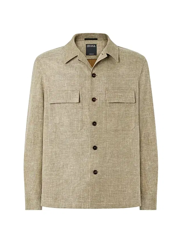 ZEGNA Men's Crossover Linen Wool and Silk Blend Overshirt - Olive Green