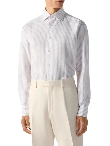 Zegna Men's Striped Cotton Linen and Silk Shirt - Dark Pink White - Size 18.5 | Thumbnail 2