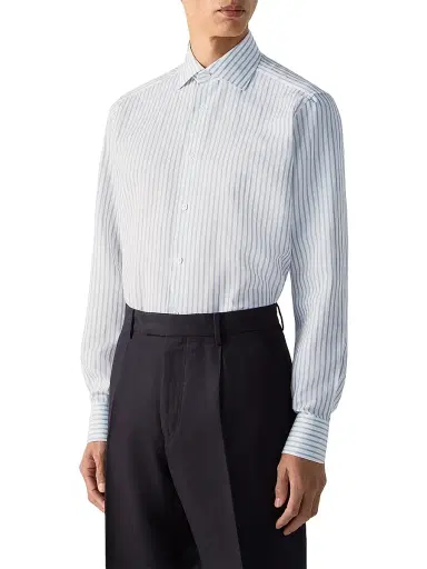 Zegna Men's Striped Cotton Linen and Silk Shirt - Dark Indigo Blue White - Size 17.5 | Thumbnail 2