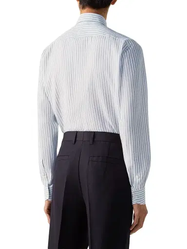 Zegna Men's Striped Cotton Linen and Silk Shirt - Dark Indigo Blue White - Size 17.5 | Thumbnail 3