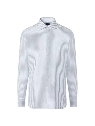 Zegna Men's Striped Cotton Linen and Silk Shirt - Dark Indigo Blue White - Size 17.5 | Thumbnail 1