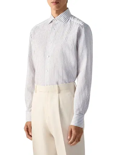 Zegna Men's Striped Cotton Linen and Silk Shirt - Dark Brown White - Size 18.5 | Thumbnail 2
