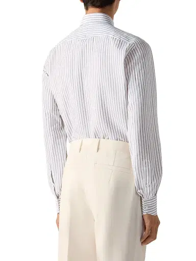 Zegna Men's Striped Cotton Linen and Silk Shirt - Dark Brown White - Size 18.5 | Thumbnail 3
