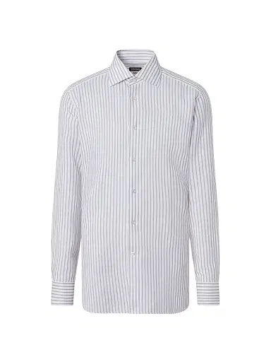 Zegna Men's Striped Cotton Linen and Silk Shirt - Dark Brown White - Size 18.5 | Thumbnail 1