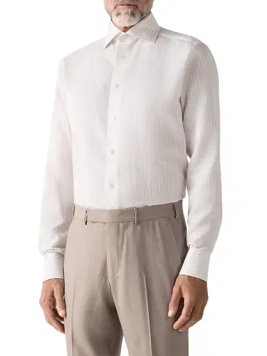 Zegna Men's Striped Cotton Linen and Silk Shirt - Light Taupe White - Size 18.5 | Thumbnail 2