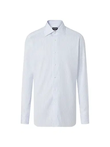 Zegna Men's Striped 300 Cotton Shirt - Light Avio Blue White - Size 17.5 | Thumbnail 1