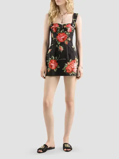 Dolce & Gabbana Women's Rose Bouquet-Print Cotton Minidress - Bouquet Rose F Nero - Size 14 | Thumbnail 2
