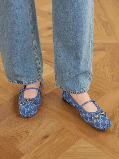 Gucci Horsebit Ballerina Leather-trimmed Denim Flats | Thumbnail 2