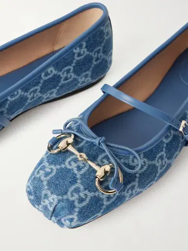 Gucci Horsebit Ballerina Leather-trimmed Denim Flats | Thumbnail 5