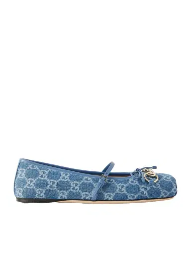 Gucci Horsebit Ballerina Leather-trimmed Denim Flats | Thumbnail 1