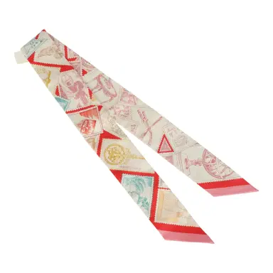HERMÈS Hermes "Le Philateliste Du Faubourg" Rose and Rouge Multi Silk Twilly Pair | Thumbnail 4 HERMÈS Hermes "Le Philateliste Du Faubourg" Rose and Rouge Multi Silk Twilly Pair | Thumbnail 4