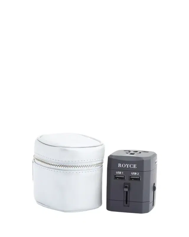 ROYCE New York International Travel Adapter & Monogrammed Leather Case Set