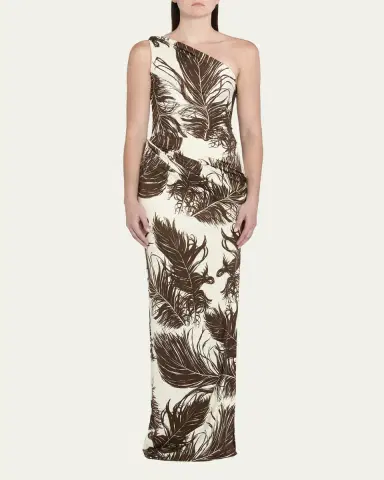 Oscar de la Renta Feather-Print One-Shoulder Sleeveless Gown | Thumbnail 2 Oscar de la Renta Feather-Print One-Shoulder Sleeveless Gown | Thumbnail 2