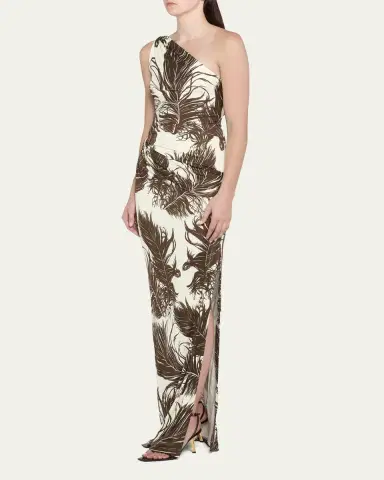 Oscar de la Renta Feather-Print One-Shoulder Sleeveless Gown | Thumbnail 4 Oscar de la Renta Feather-Print One-Shoulder Sleeveless Gown | Thumbnail 4