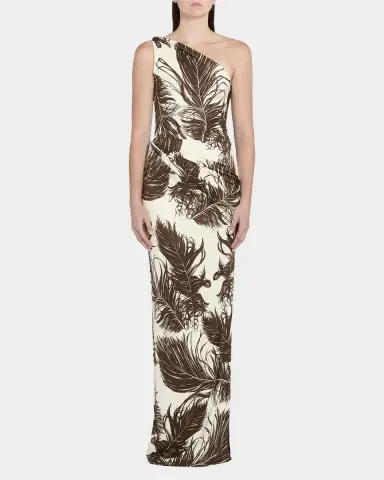 Oscar de la Renta Feather-Print One-Shoulder Sleeveless Gown | Thumbnail 6 Oscar de la Renta Feather-Print One-Shoulder Sleeveless Gown | Thumbnail 6