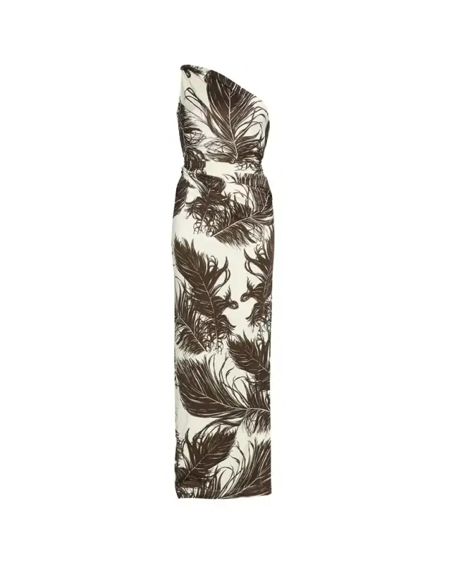 Feather-Print One-Shoulder Sleeveless Gown