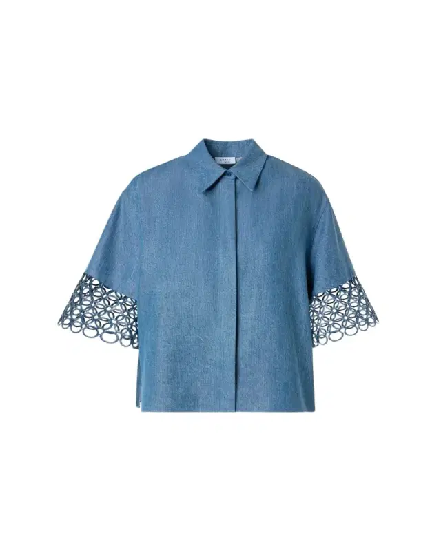 Guipure Short-Sleeve Denim Button-Down Shirt