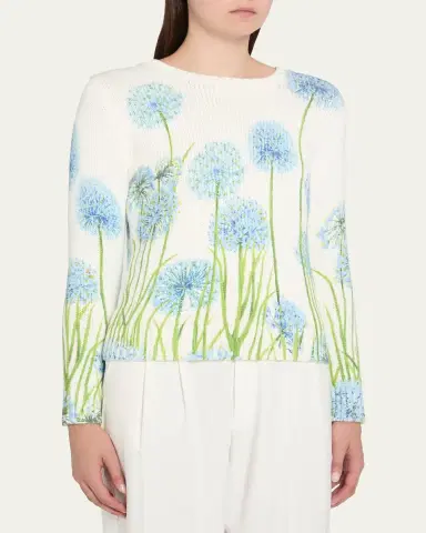 Oscar de la Renta Allium-Print Cotton Knit Crewneck Sweater | Thumbnail 4