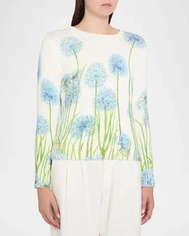 Oscar de la Renta Allium-Print Cotton Knit Crewneck Sweater | Thumbnail 8