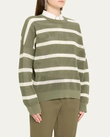 Brunello Cucinelli Striped Micronet Knit Crewneck Sweater | Thumbnail 4