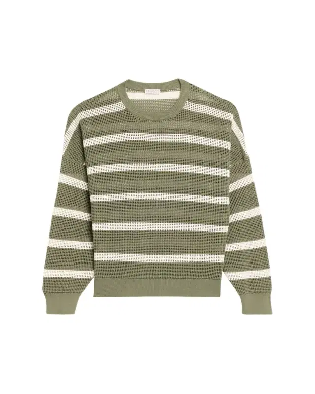 Brunello Cucinelli Striped Micronet Knit Crewneck Sweater