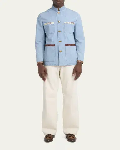 Valentino Garavani Men's Denim Safari Jacket with Printed Trim | Thumbnail 2