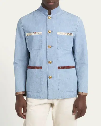 Valentino Garavani Men's Denim Safari Jacket with Printed Trim | Thumbnail 4