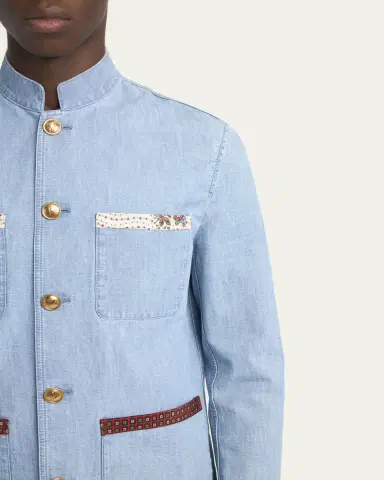 Valentino Garavani Men's Denim Safari Jacket with Printed Trim | Thumbnail 5