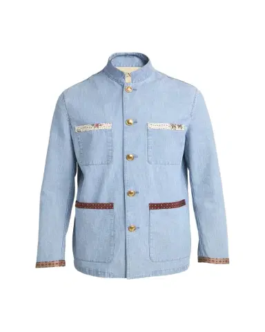 Valentino Garavani Men's Denim Safari Jacket with Printed Trim | Thumbnail 1