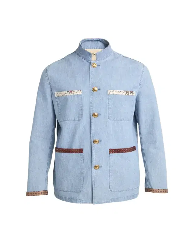 Men's Denim Safari Jacket with Printed Trim