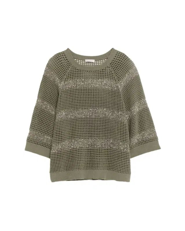 Brunello Cucinelli Water Reflection Pailette Striped Open Knit Sweater