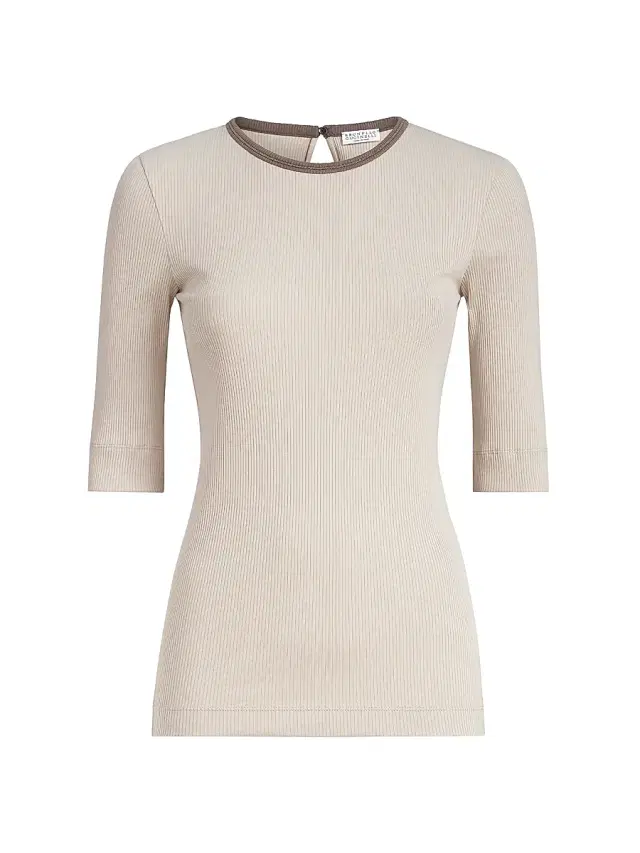 Women's Stretch Cotton Ribbed Jersey Top with Shiny Trim - Buff