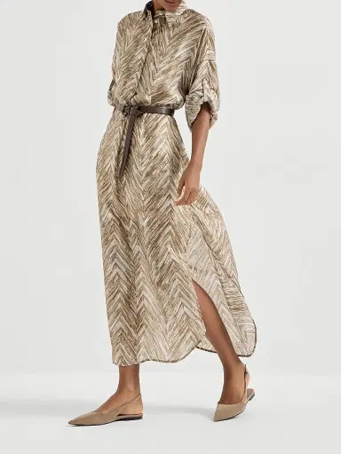 Brunello Cucinelli Women's Silk Chevron Print Pongee Dress - Beige | Thumbnail 5