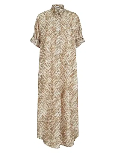 Brunello Cucinelli Women's Silk Chevron Print Pongee Dress - Beige | Thumbnail 1