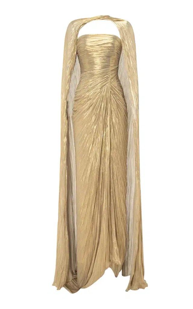 Cape-Detailed Pleated Lamé Gown